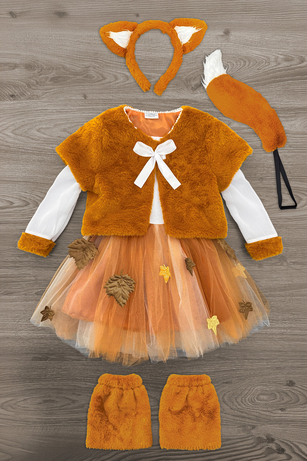 Fox Costume - 4 Piece Set - 6-12 Months - Brown and orange fox costume set with fur vest, tulle skirt, headband ears, tail, and paw covers.