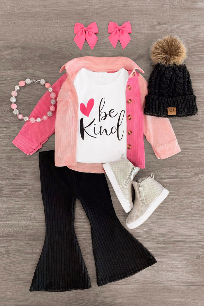 "Be Kind" Ribbed Bell Bottom Set - 3XS-6-12 Months - Toddler girl's "Be Kind" white and pink long-sleeve top with black ribbed bell bottom pants, gray boots, black knit hat with .