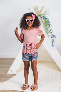 Pink Painted Rose Denim Short Set