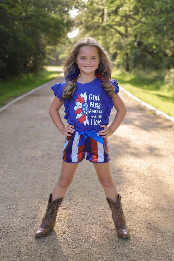 "God Bless America" Sunflower Sequin Short Set - Sparkle in Pink