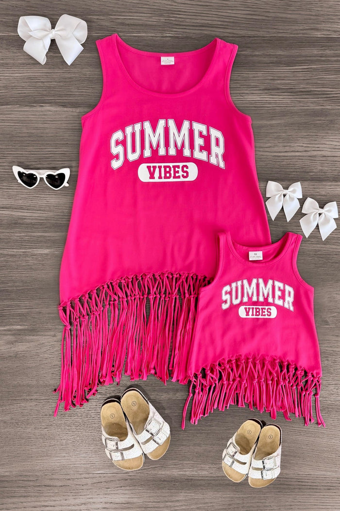 Mom & Me - "Summer Vibes" Hot Pink Tank Top - CHILD-3XS-6-12 Months - Bright hot pink sleeveless tank tops with white "SUMMER VIBES" text and fringed hems in adult and child sizes with bows and.