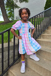 Pastel Rainbow Gingham Flower Dress - Sparkle in Pink
