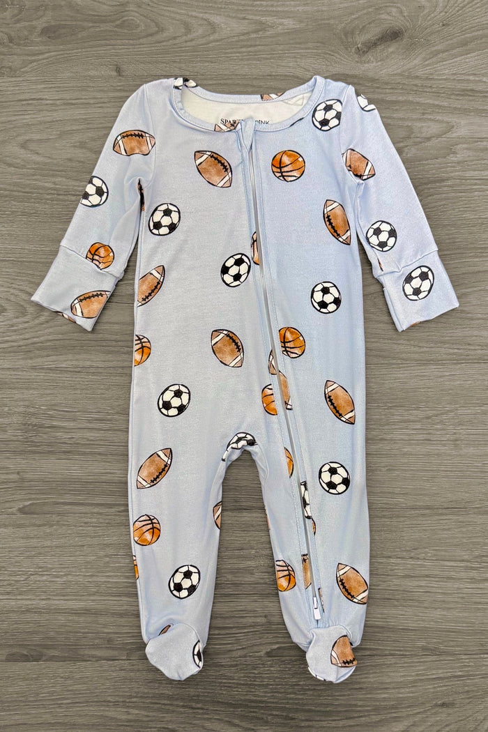 Light Blue Bamboo Ball Onesie - Newborn - Light blue bamboo fabric onesie with long sleeves and all-over soccer and basketball print.