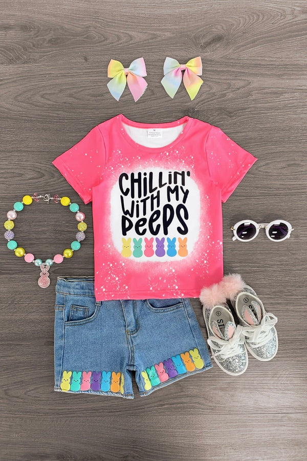 "Chillin With My Peeps" Denim Short Set - Sparkle in Pink