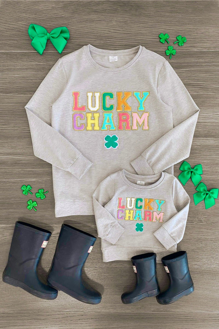 Mom & Me - "Lucky Charm" Gray Chenille Patch Top - CHILD-3XS-6-12 Months - Gray chenille long-sleeve top with colorful "Lucky Charm" text and shamrock patch, paired with matching baby onesie and navy .