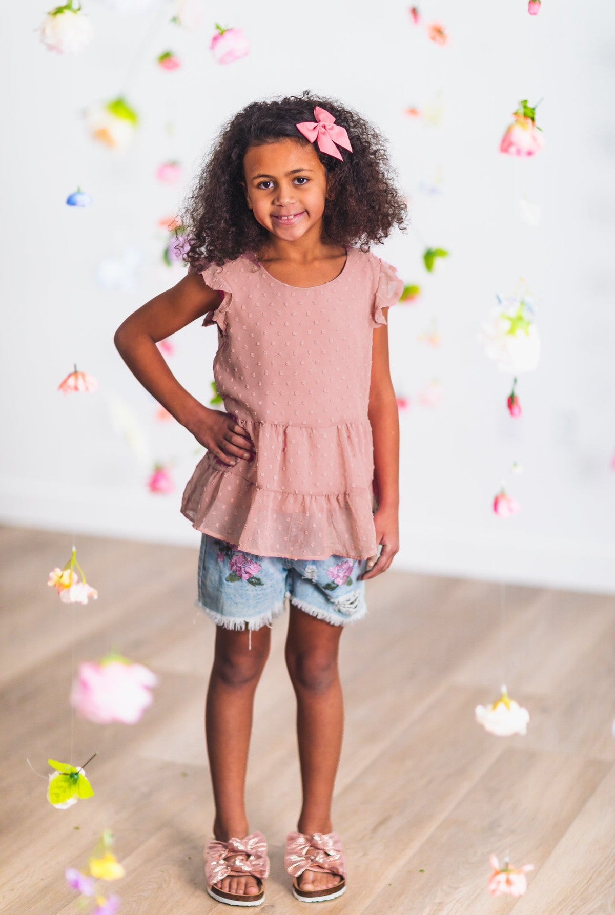 Swiss Dot Floral Denim Short Set