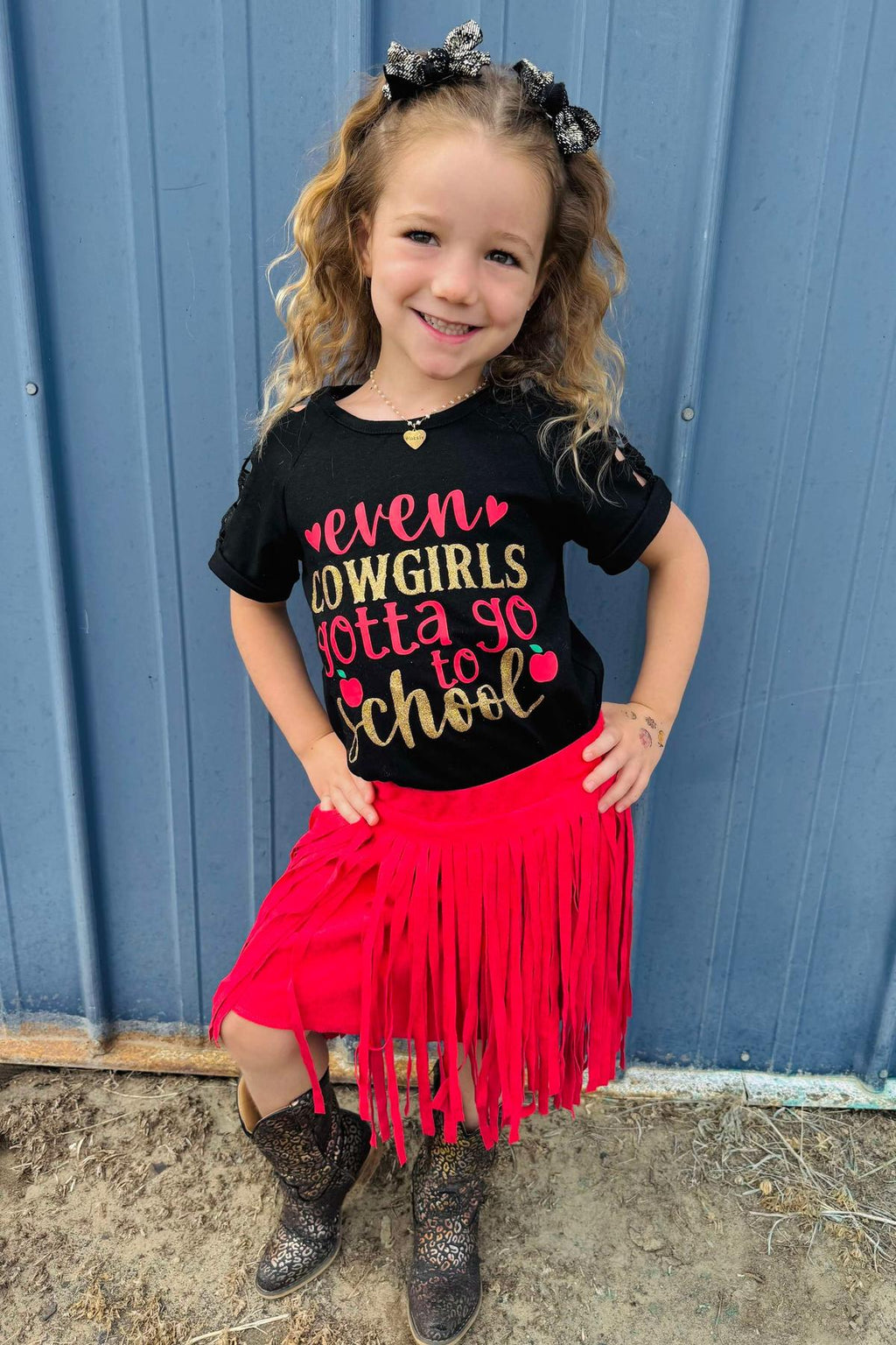"Even Cowgirls Gotta Go To School" Suede Skirt Set | Sparkle in Pink