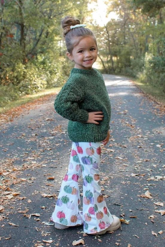Green Sweater Pumpkin Bell Bottom Set - Sparkle in Pink