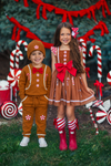 Gingerbread Costume - Boy Or Girl - GIRL-6-12 Months-FAMILY - Brown gingerbread-themed dress with red bow and candy cane striped socks; matching brown sweatshirt and pants with white and