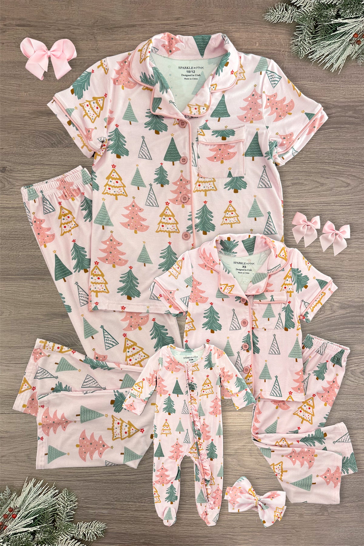 Mom & Me - Bamboo Pastel Pink Christmas Tree Pajamas