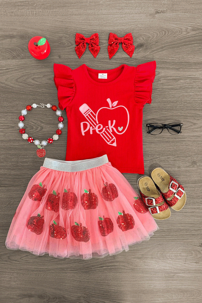 "Pre-K - 4th Grade" Pink Apple Tutu Skirt Set - PRE-K / 2T - Red ruffle-sleeve tee with pink apple graphic, pink tulle skirt with red apples, matching hair bows, apple toy, beaded.
