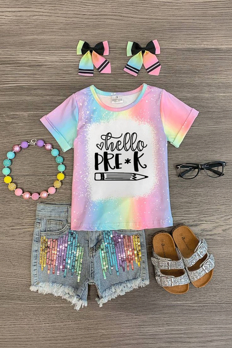"Hello Pre-K - 6th Grade" Rainbow Denim Short Set | Sparkle in Pink
