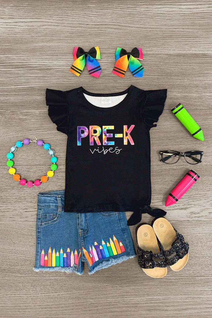 "Pre-K - Fifth Grade Vibes" Denim Short Set - PRE-K / XS-2T - Black ruffle-sleeve tee with "PRE-K vibes" text and blue denim shorts with colorful chalk design at hem.