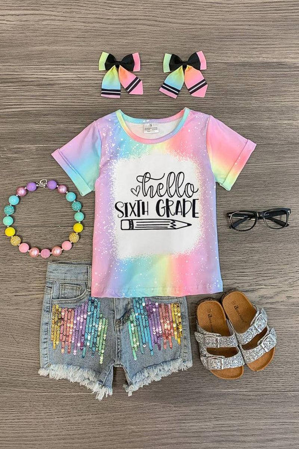 "Hello Pre-K - 6th Grade" Rainbow Denim Short Set | Sparkle in Pink