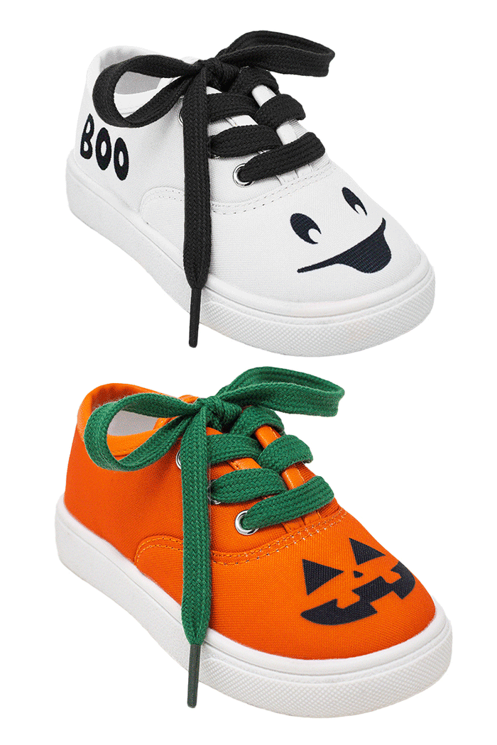 Halloween Sneakers - Orange / KIDS-5T - White kids sneaker with black laces and smiling ghost face, orange kids sneaker with green laces and jack-o'-lantern face.