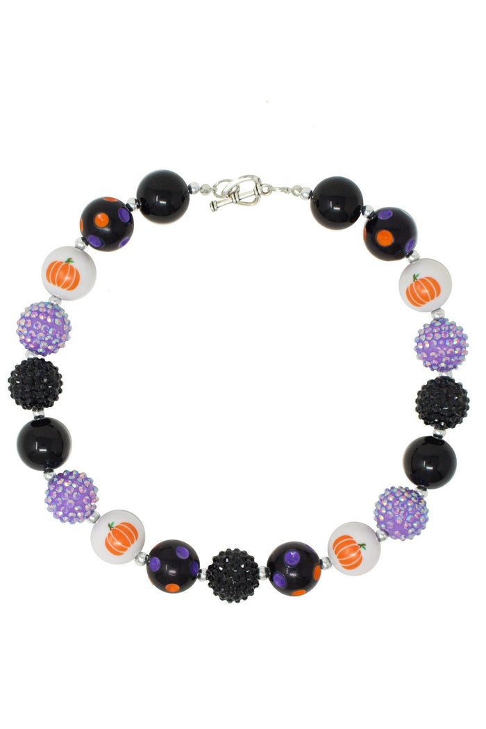 Pumpkin Rhinestone Bubblegum Necklace - Default Title - Bubblegum necklace with black, purple rhinestone, and pumpkin beads on silver chain clasp.
