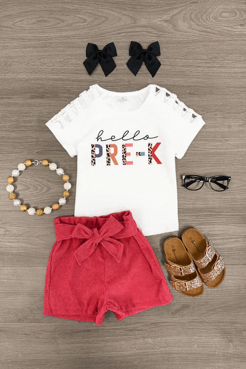 "Hello Pre-K - 6th Grade" Corduroy Short Set | Sparkle in Pink