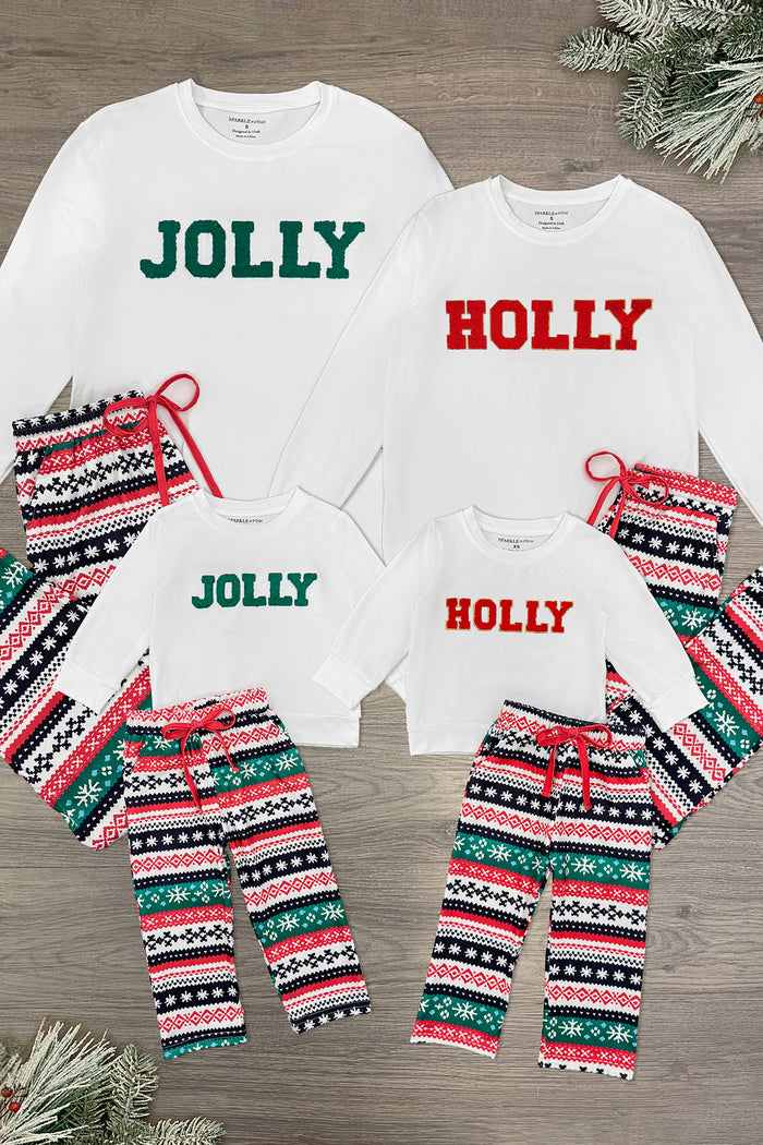 "Holly Jolly" Family Pajama Set - GIRL-3XS-6-12 Months-FAMILY - Matching family pajama set with white tops reading "JOLLY" in green and "HOLLY" in red, paired with red, green, black, and.