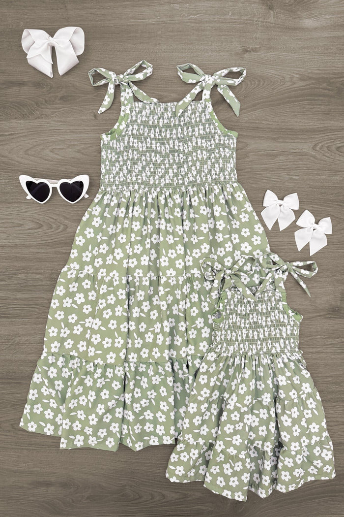 Mom & Me - Green & White Flower Dress - CHILD-6-12 Months - Green and white floral smocked dress with bow tie straps, matching toddler size, paired with white hair bows and.
