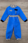 Family Racer Costume - BOY-6-12 Months-FAMILY - Blue long-sleeve racer jumpsuit with black-and-white checkered collar and side stripes, embroidered patches, and black cuffs.