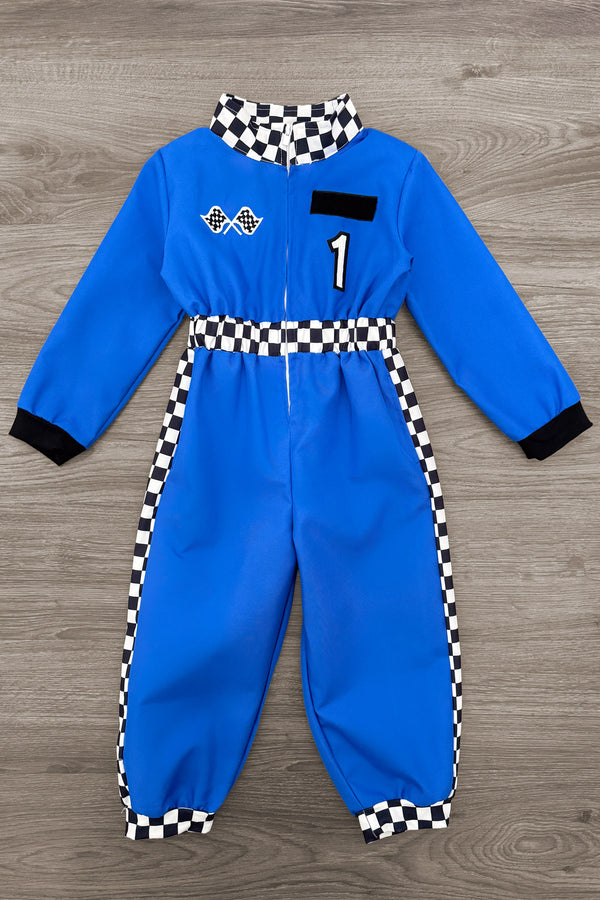 Family Racer Costume - BOY-6-12 Months-FAMILY - Blue long-sleeve racer jumpsuit with black-and-white checkered collar and side stripes, embroidered patches, and black cuffs.