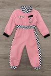 Family Racer Costume - BOY-6-12 Months-FAMILY - Pink toddler jumpsuit with black-and-white checkered collar and side panels, embroidered race patches, and number 1 detail.