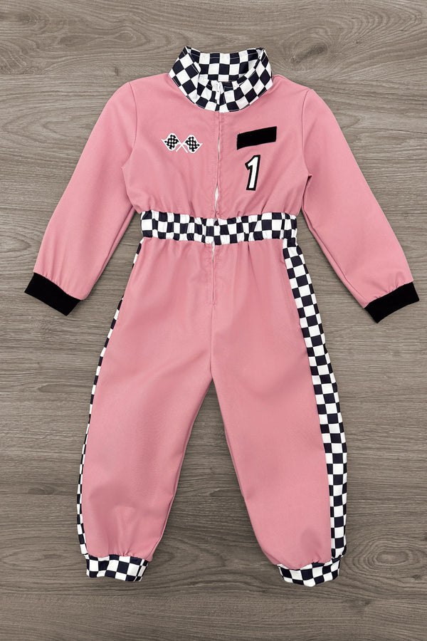 Family Racer Costume - BOY-6-12 Months-FAMILY - Pink toddler jumpsuit with black-and-white checkered collar and side panels, embroidered race patches, and number 1 detail.