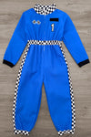 Family Racer Costume - BOY-6-12 Months-FAMILY - Blue racer jumpsuit with black-and-white checkered collar and side stripes, embroidered patches, and black cuffs.