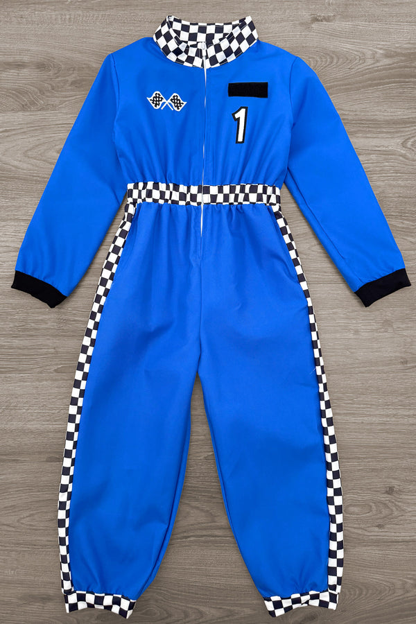 Family Racer Costume - BOY-6-12 Months-FAMILY - Blue racer jumpsuit with black-and-white checkered collar and side stripes, embroidered patches, and black cuffs.
