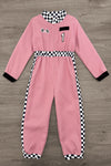 Family Racer Costume - BOY-6-12 Months-FAMILY - Pink kids’ racer jumpsuit with black and white checkered trim, embroidered number 1 and patches, long sleeves, and elastic.
