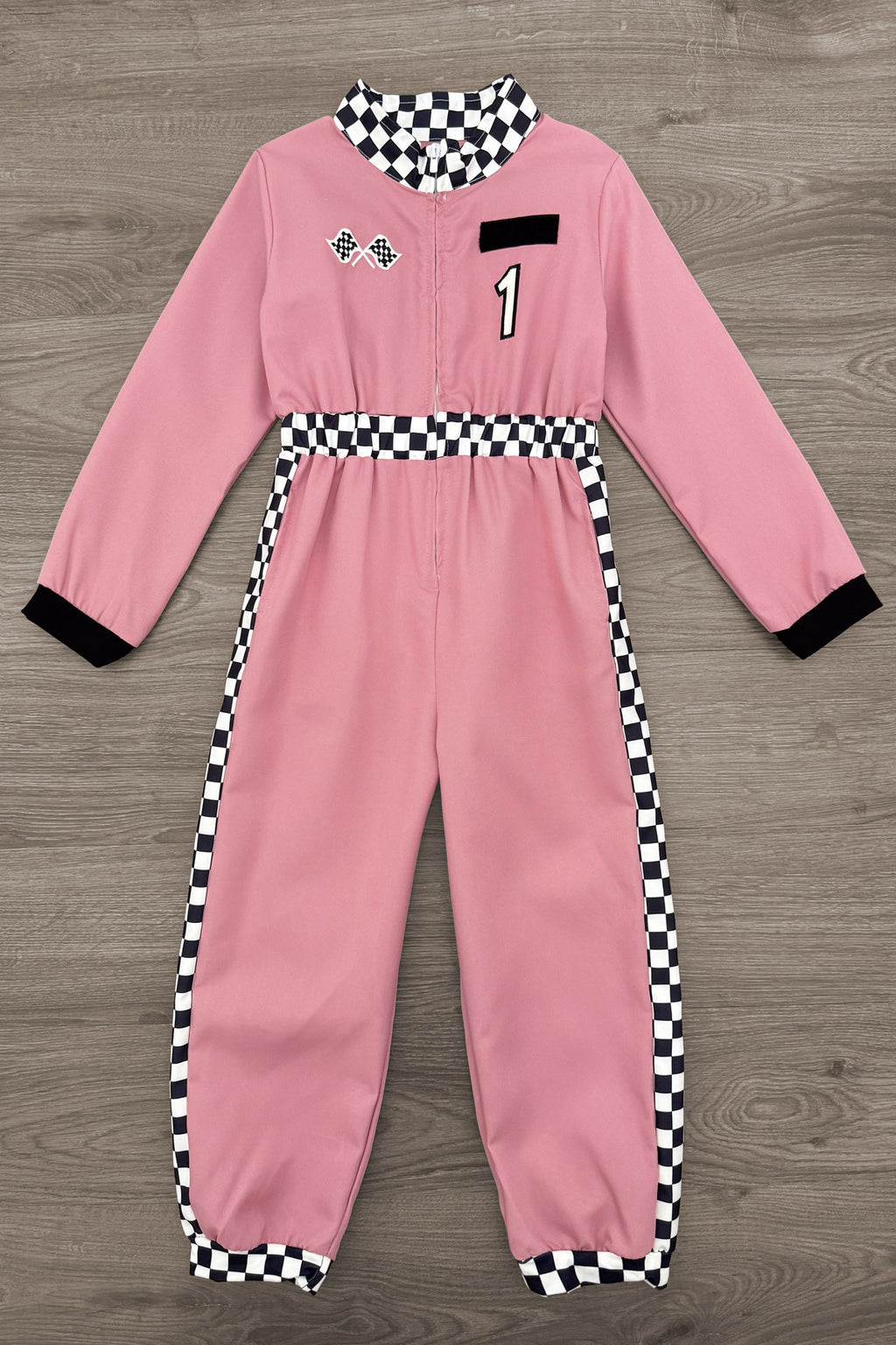 Family Racer Costume - BOY-6-12 Months-FAMILY - Pink kids’ racer jumpsuit with black and white checkered trim, embroidered number 1 and patches, long sleeves, and elastic.