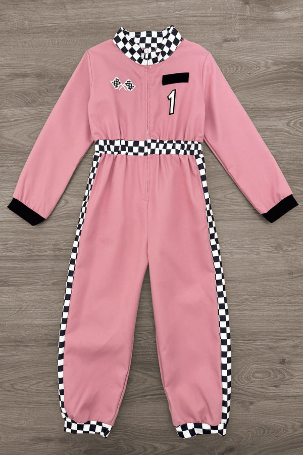 Family Racer Costume - BOY-6-12 Months-FAMILY - Pink kids’ racer jumpsuit with black and white checkered trim, embroidered number 1 and patches, long sleeves, and elastic.