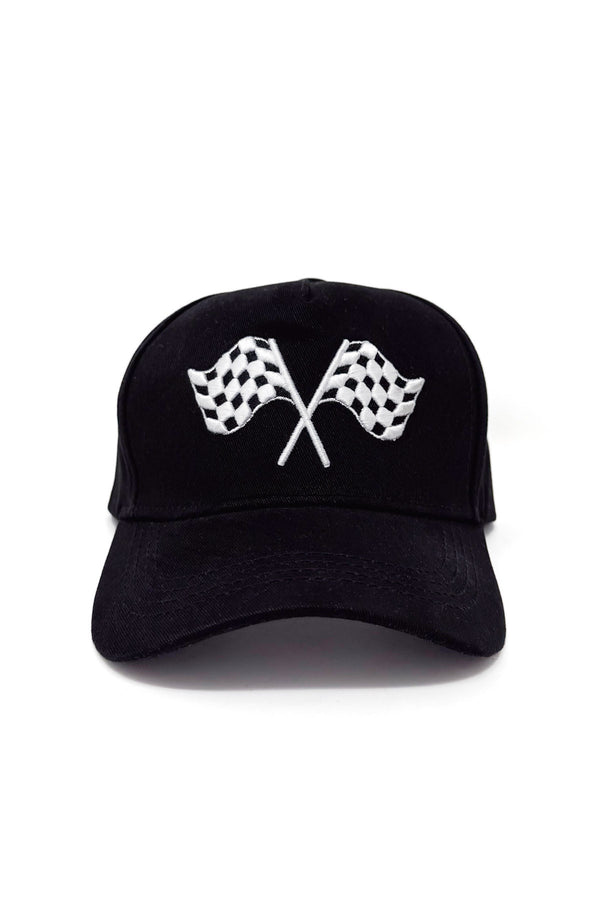 Family Racer Costume - BOY-6-12 Months-FAMILY - Black baseball cap with embroidered crossed checkered racing flags on front panel.