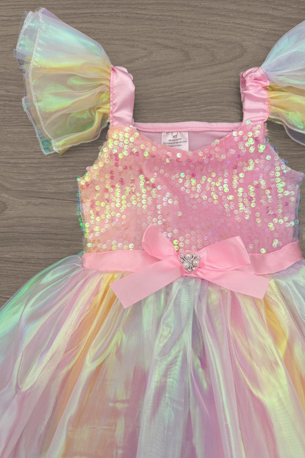Cotton Candy Fairy Costume - 3 Piece Set - 12-18 Months - Pink sequin bodice fairy dress with pastel rainbow tulle skirt and puffed tulle sleeves.