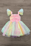 Cotton Candy Fairy Costume - 3 Piece Set - 12-18 Months - Pink sequined fairy dress with rainbow tulle skirt and puffed iridescent sleeves, three-piece set.