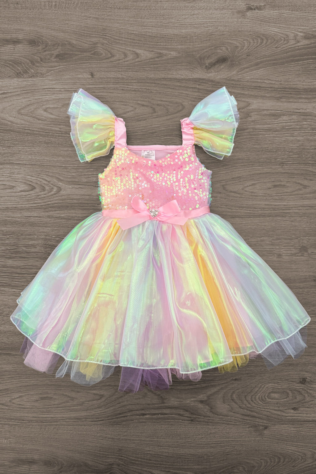 Cotton Candy Fairy Costume - 3 Piece Set - 12-18 Months - Pink sequined fairy dress with rainbow tulle skirt and puffed iridescent sleeves, three-piece set.