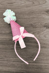 Cotton Candy Fairy Costume - 3 Piece Set - 12-18 Months - Pink glittery cone hat with white pom-pom and pink ribbon, attached to a thin pink headband.