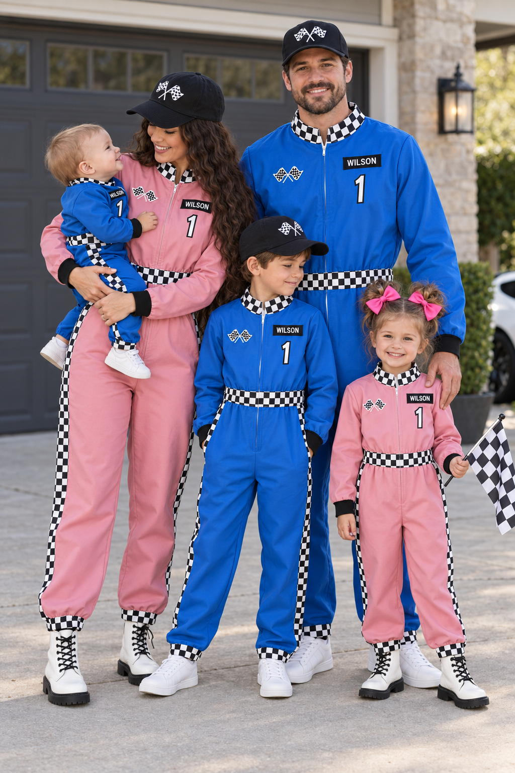 Family Racer Costume - BOY-6-12 Months-FAMILY - Matching family racer costumes with blue and pink jumpsuits, checkered trim, patches, and black caps.