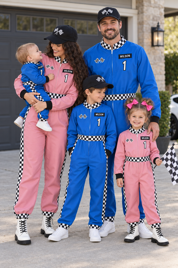 Family Racer Costume - BOY-6-12 Months-FAMILY - Matching family racer costumes with blue and pink jumpsuits, checkered trim, patches, and black caps.