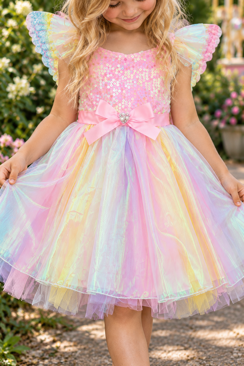 Cotton Candy Fairy Costume - 3 Piece Set - 12-18 Months - Pink sequin bodice fairy dress with pastel rainbow tulle skirt and matching winged sleeves.