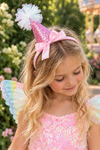 Cotton Candy Fairy Costume - 3 Piece Set - 12-18 Months - Pink sequin fairy dress with pastel rainbow tulle wings and matching pink glitter cone hat with pom pom and bow.