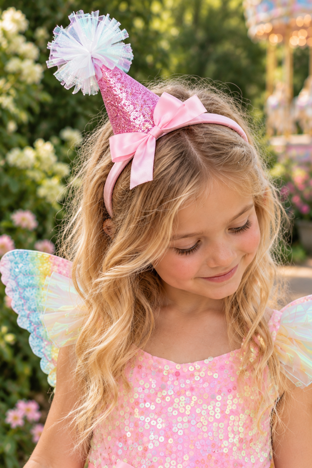 Cotton Candy Fairy Costume - 3 Piece Set - 12-18 Months - Pink sequin fairy dress with pastel rainbow tulle wings and matching pink glitter cone hat with pom pom and bow.