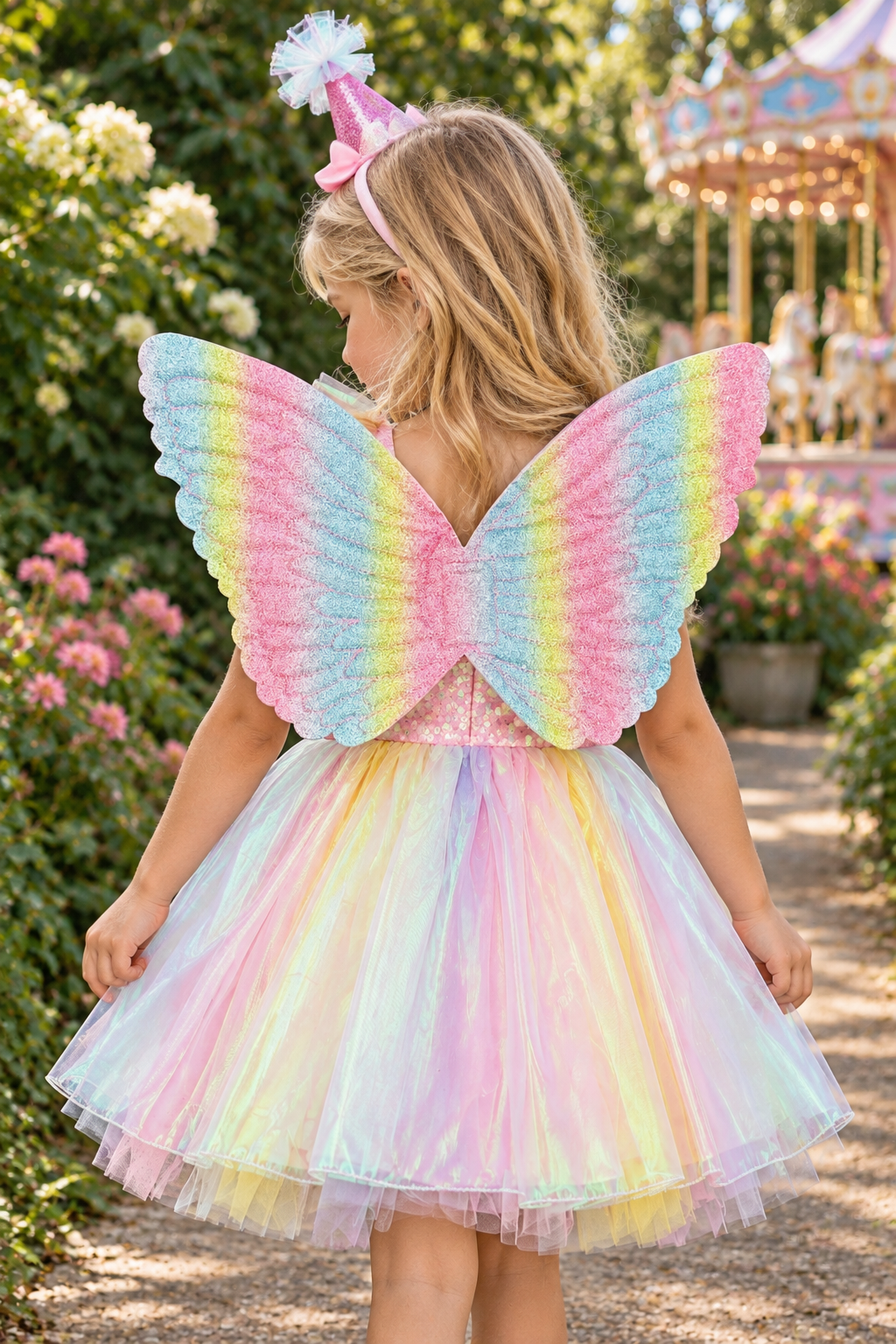 Cotton Candy Fairy Costume - 3 Piece Set - 12-18 Months - Pastel rainbow tulle fairy dress with ruffled layers and large matching pleated wings.