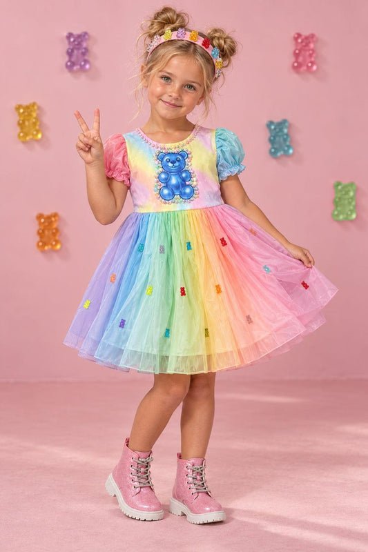 Gummy Bear Costume - 12-18 Months - Rainbow pastel tutu dress with short puffed sleeves and gummy bear applique on chest.