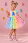 Gummy Bear Costume - 6-12 Months - Rainbow pastel tutu dress with puff sleeves, gummy bear applique, and colorful candy-like dots.