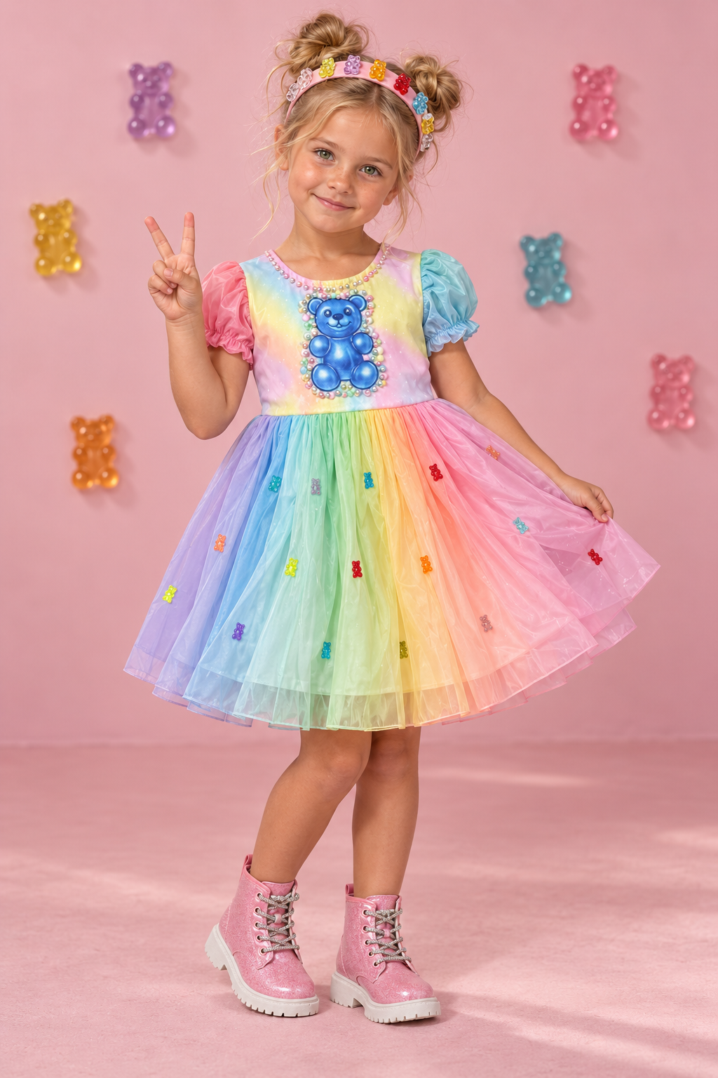 Gummy Bear Costume - 6-12 Months - Rainbow pastel tutu dress with puff sleeves, gummy bear applique, and colorful candy-like dots.