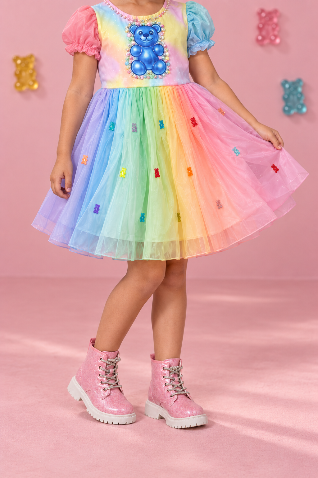 Gummy Bear Costume - 6-12 Months - Rainbow pastel tulle dress with puff sleeves and large blue gummy bear applique on the chest.