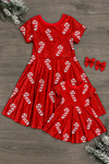 Mom & Me - Red Sequin Candy Cane Dress - 6-12 Months - Red short-sleeve dress with white sequin candy cane patterns and matching smaller dress with red hair bows.