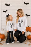 Mom & Me - Rhinestone Ghost Top & Pant Set - CHILD-6-12 Months - Matching white long-sleeve tops with black rhinestone ghost faces, paired with black pants; child’s pants flare with.