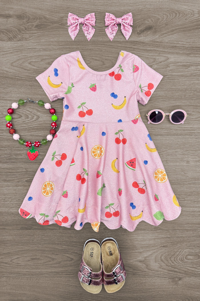 Pink Glitter Fruit Dress - 6-12 Months - Pink short-sleeve dress with glittery fruit patterns, matching pink bows, beaded fruit necklace, sunglasses, and glittery.